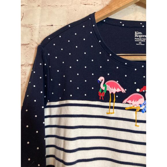 Kim Rogers Top Womens 2X Perfectly Soft Flamingo Christmas Scene Cotton Stretch - Picture 2 of 11